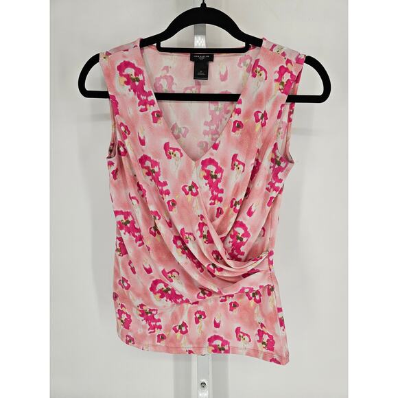 Y2K Ann Taylor Womens Sz SP Petite Sleeveless Wrap Blouse Pink Leopard Print - Picture 1 of 4